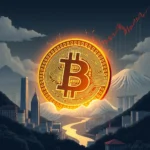Wizerunek przypominający monetę z symbolem Bitcoina, świecącą na tle gór i miasta. Po prawej stronie widnieje wykres cenowy z malejącą linią, sugerujący spadek wartości.