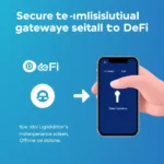 Grafika przedstawia połączenie między ikoną DeFi a telefonem z otwartą aplikacją, sugerując dostęp do usług DeFi.