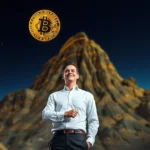 Biznesmen uśmiecha się, patrząc w górę, z dużym złotym symbolem bitcoina unoszącym się nad nim, na tle wzgórz o zmierzchu.