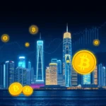 Złote monety z symbolem bitcoina na tle nocnego miasta z oświetlonymi wieżowcami i wykresami giełdowymi.