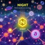 Grafika przedstawia nocny krajobraz z widocznymi sieciami połączonych węzłów, które symbolizują kryptowaluty. W centrum znajduje się duży, żółty sześciokąt z literą "N", otoczony blaskiem i opadającymi z góry promieniami światła. Po bokach widnieją ikony symbolizujące Bitcoina i inne, nieznane tokeny, połączone ze sobą świecącymi na fioletowo i żółto liniami. W tle widać zarys górskich szczytów na tle nocnego, gwieździstego nieba. Tekst na obrazku brzmi "NIGHT" oraz dodatkowy podpis, który jest trudny do odczytania.
