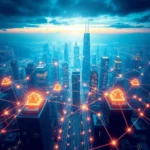Widok z lotu ptaka na futurystyczne miasto z podświetlonymi drapaczami chmur i siecią połączonych ze sobą elementów technologicznych.