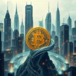 Złoty symbol Bitcoin unoszący się nad mrocznym, zakręconym szczytem góry na tle futurystycznego miasta z wysokimi drapaczami chmur i neonowymi światłami.