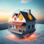 Mały model domu z symbolem Bitcoina na dachu, umieszczony na modelu kuli ziemskiej, wszystko zamknięte w przezroczystej bańce, na tle zachodzącego słońca i nieba, całość znajduje się na schemacie przypominającym obwody elektroniczne.