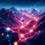 Logo Ethereum unosi się pośrodku neonowych, górzystych krajobrazów, oświetlonych licznymi połączeniami świetlnymi i jasnymi punktami.