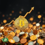 Złoty Bitcoin na tle wielu innych monet z wykresem wzrostu w górę.