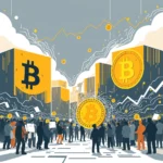 Grafika przedstawia tłum ludzi zebranych przed wysokimi budynkami z symbolami Bitcoina. Na tle widnieją wykresy wzrostów i spadków oraz małe monety z logo Bitcoina.