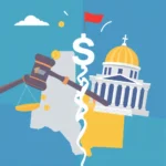 Ilustracja przedstawiająca podzielony na dwie części obszar. Lewa strona zdominowana jest przez motywy sądowe, z młodszą, symbolem pieniądza, wagą sprawiedliwości i monetami. Prawa strona ukazuje budynek przypominający budynek rządu lub sądu, również z dużą symbolem dolara, czerwoną flagą i elementami architektonicznymi, takimi jak kolumny i kopuła z krzyżem.
