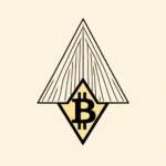 Logo z Bitcoinem w rombie pod symbolem przypominającym dach lub górę.