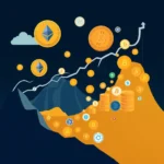 Ilustracja przedstawiająca wzrost i spadki wartości kryptowalut, z monetami Bitcoin i Ethereum unoszącymi się na tle wykresu wzrostu i gór.