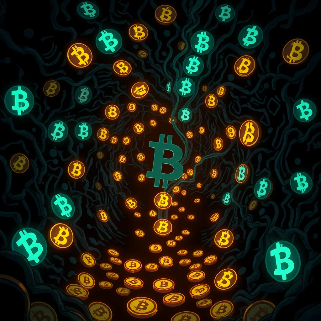 Wizualizacja cyfrowej waluty Bitcoin, przedstawiająca jaskrawo świecące symboliki Bitcoin w kolorach niebieskozielonym i pomarańczowym, otoczone ciemnymi, wijącymi się kształtami przypominającymi gałęzie.