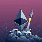 Grafika przedstawia symbol Ethereum unoszący się na tle stylizowanych fal, obok którego wystrzeliwuje rakieta z płomieniem. Tło stanowi gradient od ciemnego fioletu do jaśniejszego, z rozmieszczonymi w tle subtelnymi, cyfrowymi połączeniami przypominającymi sieć.
