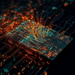 Elektroniczna płyta z wieloma świecącymi pomarańczowymi światłowodami i zielonymi punktami danych.
