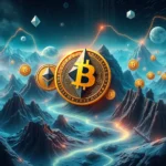 Duże, złote monety z symbolami Bitcoin i Ethereum unoszą się nad mroźnym, skalistym krajobrazem w kosmosie, oświetlonym przez połączone ze sobą złote linie przypominające wykresy.