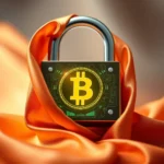 Kłódka z symbolem Bitcoina owinięta pomarańczową, satynową tkaniną.