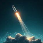 Rakieta startuje z kłębiastych chmur na tle gwieździstego nieba, pozostawiając za sobą świetlisty ślad łączący się z siecią połączeń.