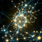 Cyfrowa wizualizacja połączonej sieci neuronowej, z błyszczącym, krystalicznym ciałem komórki neuronu w centrum, otoczonym jasnożółtymi punktami i turkusowymi liniami reprezentującymi synapsy i aksony.