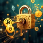 Złoty grawerowany klucz otwiera zamek, na którym widnieją symbole, symbolizując bezpieczeństwo kryptowaluty.