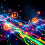 Grafika przedstawia cyfrowy wykres przedstawiający zmienność wartości kryptowalut, z symbolami Bitcoina i rosnącymi strzałkami na tle kolorowych fal i świateł.