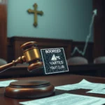 Drewniany młotek sędziowski na stole w sali sądowej z krzyżem w tle, przed młotkiem znajduje się kartka z tekstem: "BOOREED, PE, YARTES, YOIT CLUB".