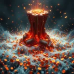Sztuczna inteligencja tworzy abstrakcyjną wizualizację z technologią blockchain i kryptowalutami. Wysoka, cylindryczna struktura o metalicznym, miedzianym połysku dominuje w centrum obrazu, emanując jaskrawym, pomarańczowym światłem. W jej górnej części widoczne są liczne złote monety, z których niektóre wirują w powietrzu, tworząc efekt eksplozji. Spod tej struktury, na jej podstawie, znajdują się ciemne, prostokątne bloki, również otoczone gorącym blaskiem. Całość otoczona jest gęstą, białą mgłą przypominającą obłoki lub watę, w której rozrzucone są dziesiątki złotych monet, tworząc wrażenie ich przepływu i obfitości. Tło jest ciemne, atmosferyczne, z lekkimi smugami światła przypominającymi promienie lub smugi danych.