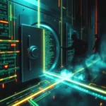 Trzy sylwetki hakerów wchodzą do technologicznego sejfu, z którego wydobywa się neonowe światło.