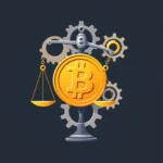 Złota moneta z symbolem Bitcoin zawieszona na wadze szalkowej otoczonej przez koła zębate.