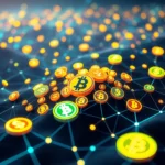 Cyfrowe monety Bitcoin i inne kryptowaluty połączone siecią na czarnym tle z rozmazanymi światłami.