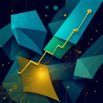 Cyfrowy wykres finansowy z Bitcoinem na szczycie, przedstawiający wzrost na tle abstrakcyjnych geometrycznych kształtów.