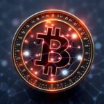 Złota moneta z symbolem bitcoina, otoczona świecącymi czerwonymi liniami i białymi światłami, na tle rozmytego, cyfrowego wzoru z niebieskimi punktami.