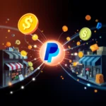 Grafika przedstawia logo PayPal otoczone przez błyszczące monety dolarowe, sklepy i linie łączące je, sugerując płatności online.