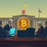 Grupa biznesmenów w garniturach siedzi przy stole konferencyjnym przed budynkiem rządowym, omawiając kryptowalutę bitcoin.