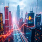 Nowoczesne miasto nocą z neonowymi światłami i futurystycznymi budynkami z widocznym symbolem Bitcoina.