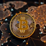 Złota moneta Bitcoin na tle mapy świata z połączeniami.