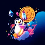 Stylizowana ilustracja przedstawiająca szczęśliwego pingwina z rakietą wystrzeliwaną z głośnika na tle kosmosu z monetą Bitcoin, symbolem Ethereum i stylizowanymi literami "ZZZ".