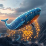 Cyfrowy wieloryb w kształcie sieci neuronowej unosi się nad górzystym krajobrazem o zachodzie słońca, podczas gdy złote monety z symbolami kryptowalut opadają z niego w strumieniu.