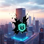 Neonowy symbol bezpieczeństwa (tarcza z kłódką) wychodzi z ciemnego, pękniętego kształtu na tle miejskiego krajobrazu o zachodzie słońca. Na pierwszym planie widać budynek z logo Coinbase.