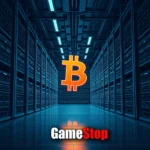 Pomarańczowe logo Bitcoin nad połyskującym logo GameStop na tle rzędu serwerów.