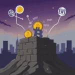 Grafika przedstawia nocną panoramę miasta z niebieskim symbolem Bitcoina umieszczonym na szczycie kamiennego muru, w otoczeniu złotych monet z symbolem Bitcoina. W oddali widać ikonę firmy WhiteBIT z technologią blockchain. Na niebie widać wykresy wzrostu i spadku wartości kryptowalut.