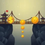 Most łączący dwa klify z monetami w kształcie symboli dolara i bitcoina.