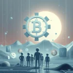 Grupa ludzi stoi przed gwiezdnym tłem z symbolem Bitcoina na środku.