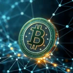 Złota moneta z symbolem Bitcoina na tle sieci połączeń.