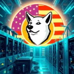 Wizerunek psa rasy Shiba Inu w okrągłej oprawie z amerykańską flagą, na tle serwerowni z niebieskim podświetleniem i turbinami wiatrowymi.