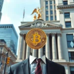 Bez głowy mężczyzna w czarnym garniturze i krawacie, nad którym unosi się złoty symbol Bitcoina, na tle budynków w stylu klasycystycznym i nowoczesnych wieżowców.