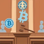 Grafika przedstawiająca salę sądową, z symbolem Bitcoina dominującym w centrum. Po obu stronach znajdują się stylizowane postaci jurorów lub świadków, a przed nimi stoi drewniany młotek sędziowski. W tle można dostrzec kolumny oraz niebiesko-białe logo z gwiazdą i schematyczną postacią ludzką.