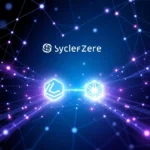 Logo Sycler Zero z dwoma neonowymi symbolami, połączonymi liniami, na tle sieci neuronowych w kolorach niebieskim i fioletowym.