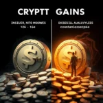 Dwa obrazy monet z symbolem dolara, przedstawiające wyniki finansowe w kryptowalutach. Po lewej stronie znajduje się stara moneta otoczona stertą monet, z napisem "CRYPTV GAINS INSIVUER, NITO MOOMVES 126 - 16e". Po prawej stronie widać złotą monetę, na której stoi człowiek, otoczoną wieloma złotymi monetami, z napisem "CRYPTV GAINS DICSES ILL AUALUVYLEES ccontanlezse3,96e" i wykresem w tle.